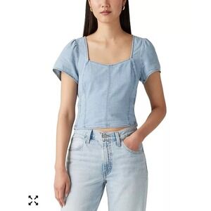 Levis ophelia Womens Light Wash Denim Square Neck Puff Sleeve Smocked Crop Top S